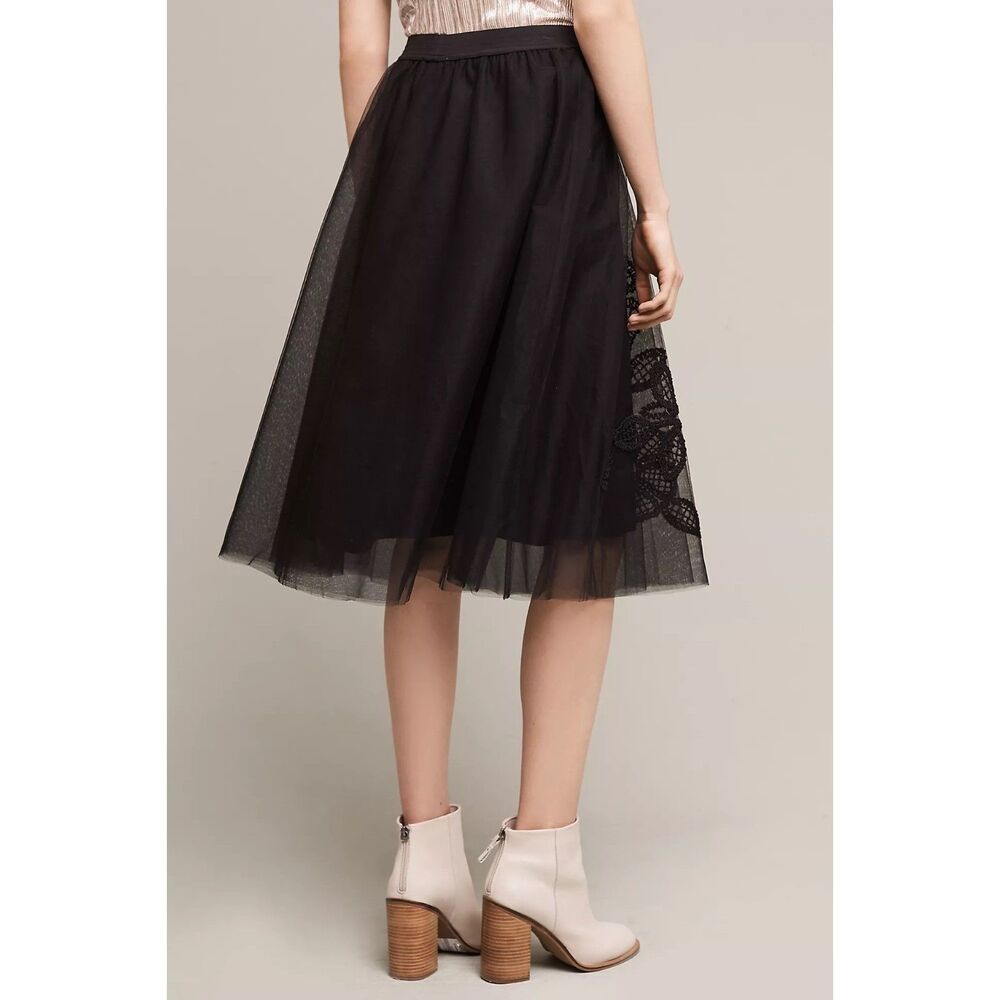 Anthropologie Maeve Fleurs du Nuit Embroidered Tulle Skirt Black Size Small EUC - Picture 4 of 13